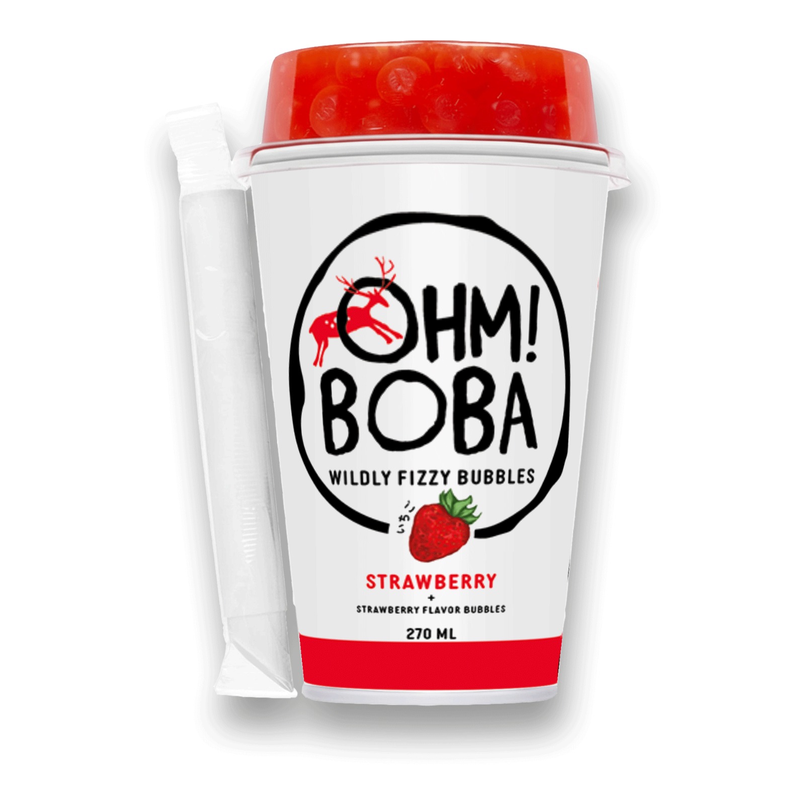 OHM!BoBa Bubble Tea Strawberry 270 ml OHM!BoBa Bubble Tea braskiu skonio gerimas su burbuliukais, 270 ml