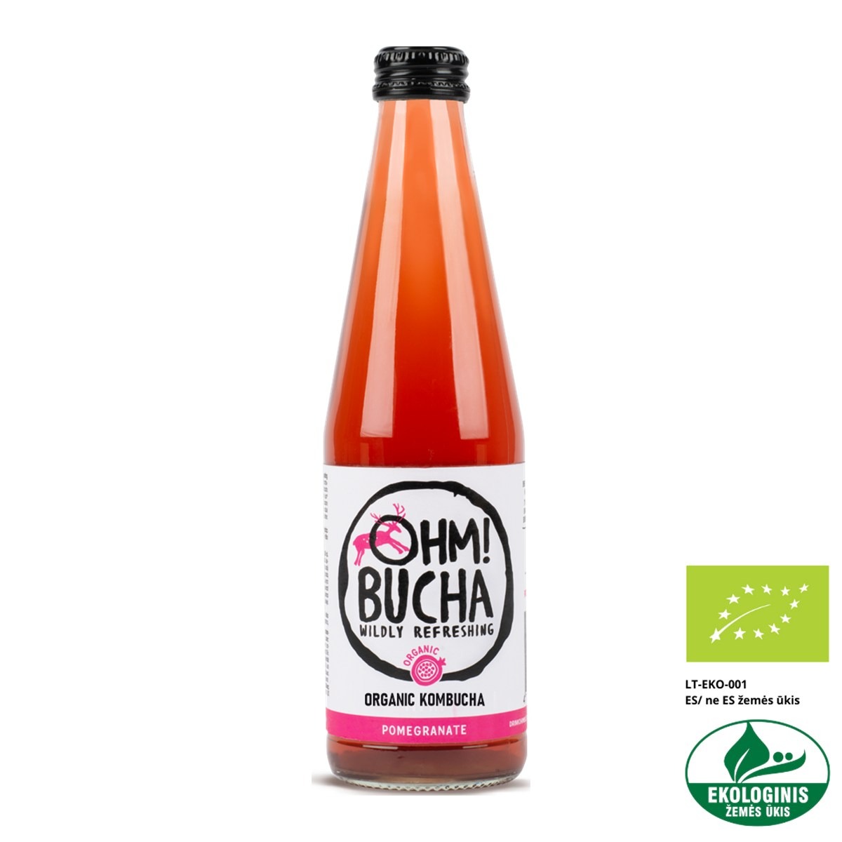 Ohm!Bucha Pomegranate organic kombucha in a 350 ml glass bottle