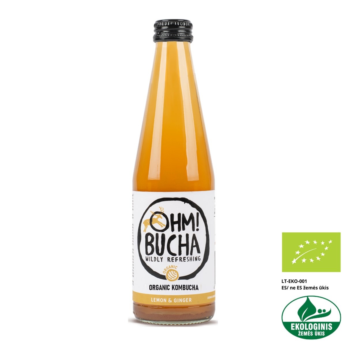 Ohm!Bucha Ginger and Lemon organic kombucha in a 350 ml glass bottle