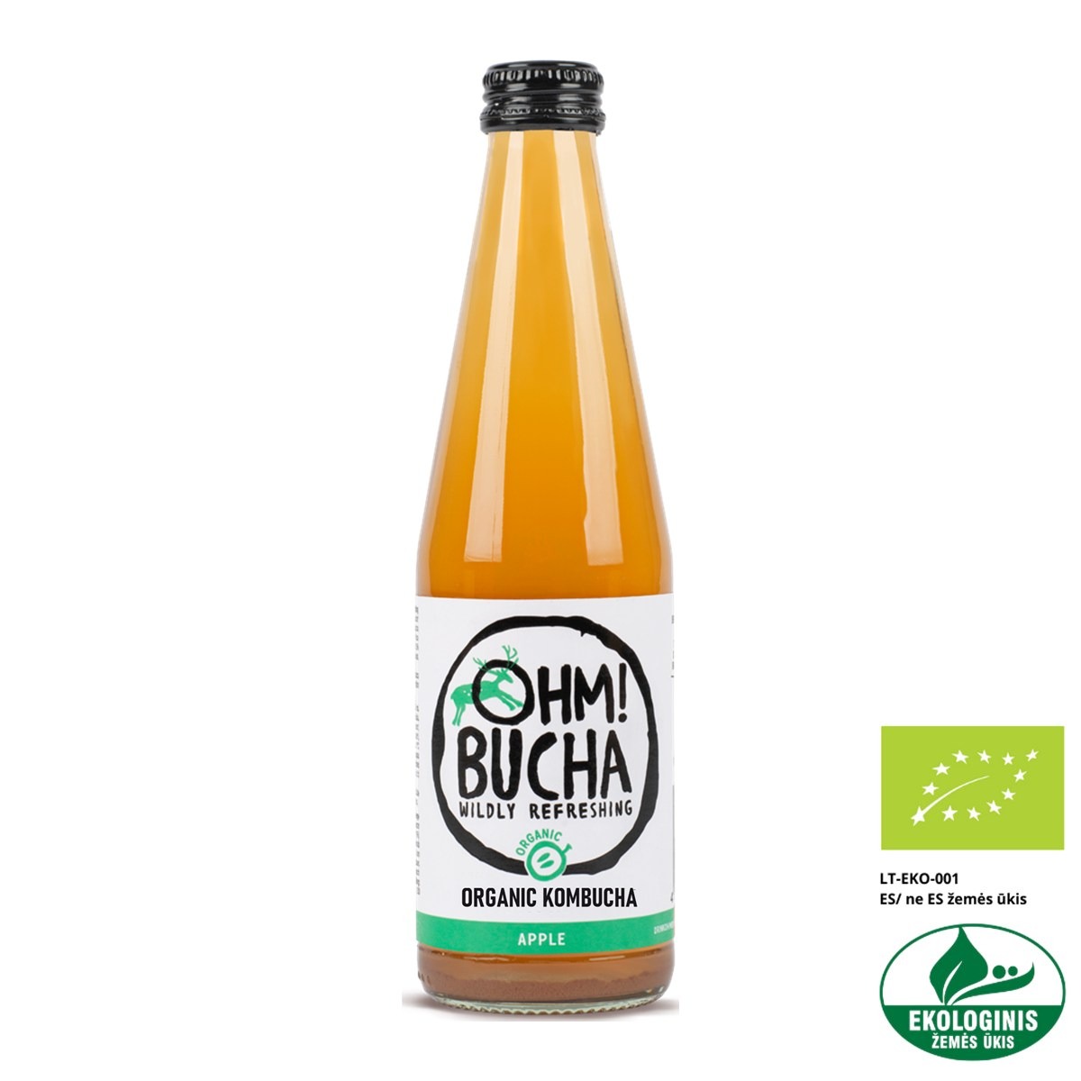 Ohm!Bucha Apple organic kombucha in a 350 ml glass bottle