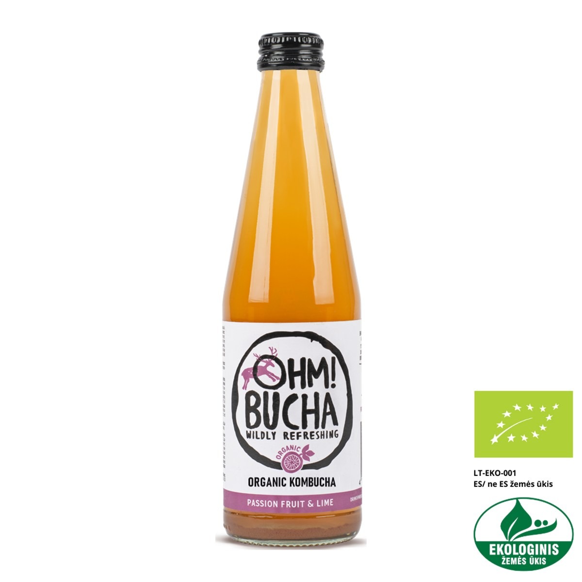 Ohm!Bucha Passion Fruit and Lime organic kombucha in a 350 ml glass bottle
