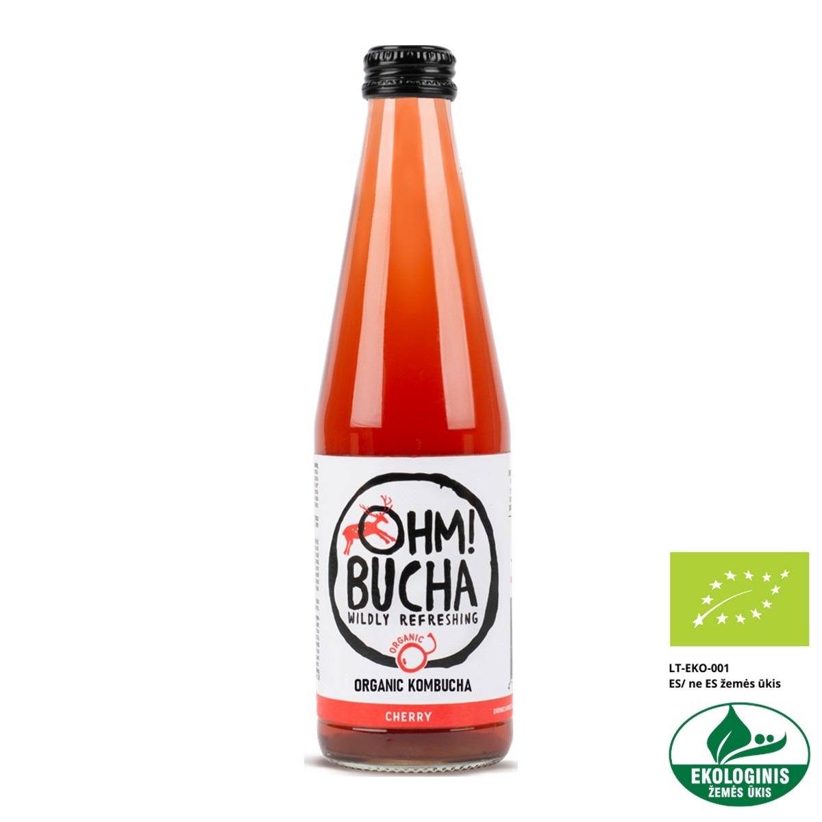 Ohm!Bucha Cherry organic kombucha in a 350 ml glass bottle